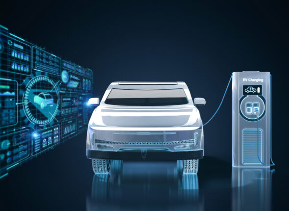 3d rendering ev car or electric vehicle plug in with recharging station display with digital graphic interface